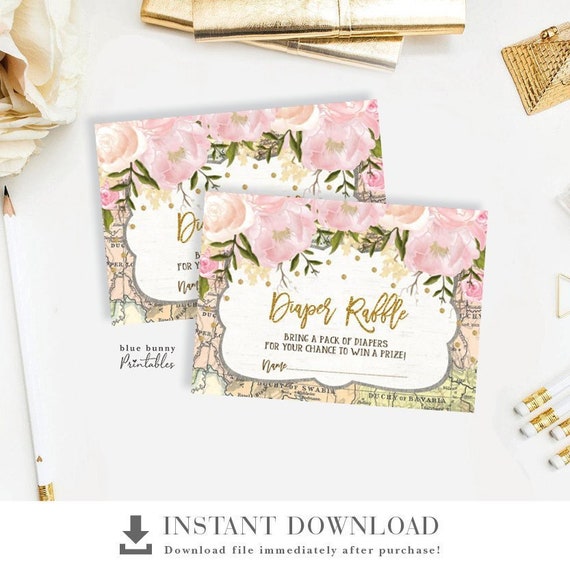 Pink Peonies Map Baby Shower Diaper Raffle. Vintage Travel Invitation Insert. Printable INSTANT DOWNLOAD. TRA1 Il_570xn