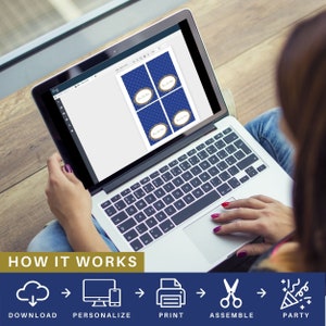 May include: A laptop screen shows a design template for printable party favor tags. The template features a blue background with a gold pattern and the text "New Year's Eve". Below the screen, a graphic illustration shows the steps for creating and using the printable tags: download, personalize, print, assemble, and party.