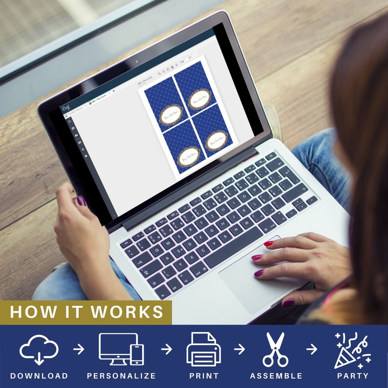 May include: A laptop screen shows a design template for printable party favor tags. The template features a blue background with a gold pattern and the text "New Year's Eve". Below the screen, a graphic illustration shows the steps for creating and using the printable tags: download, personalize, print, assemble, and party.