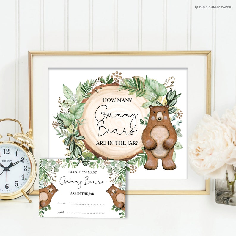 Gummy Bear Baby Shower Game. Rustic Greenery Woodland Bear Printable Sign. INSTANT DOWNLOAD. WOOD24 image 1