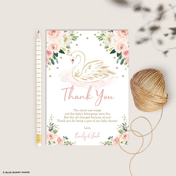 Swan Princess Thank You Card, Blush Floral Baby ShowerThank You Note, Pink Gold Swan Birthday Printable Editable Template Download, SWAN1 Il_570xn