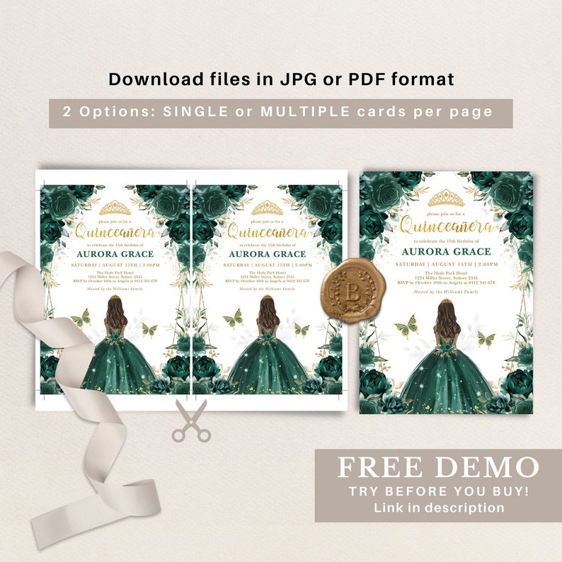 May include: Two printable Quincea&ntilde;era invitation cards with a green and gold floral design. The text on the cards reads "Quincea&ntilde;era" and "Aurora Grace".