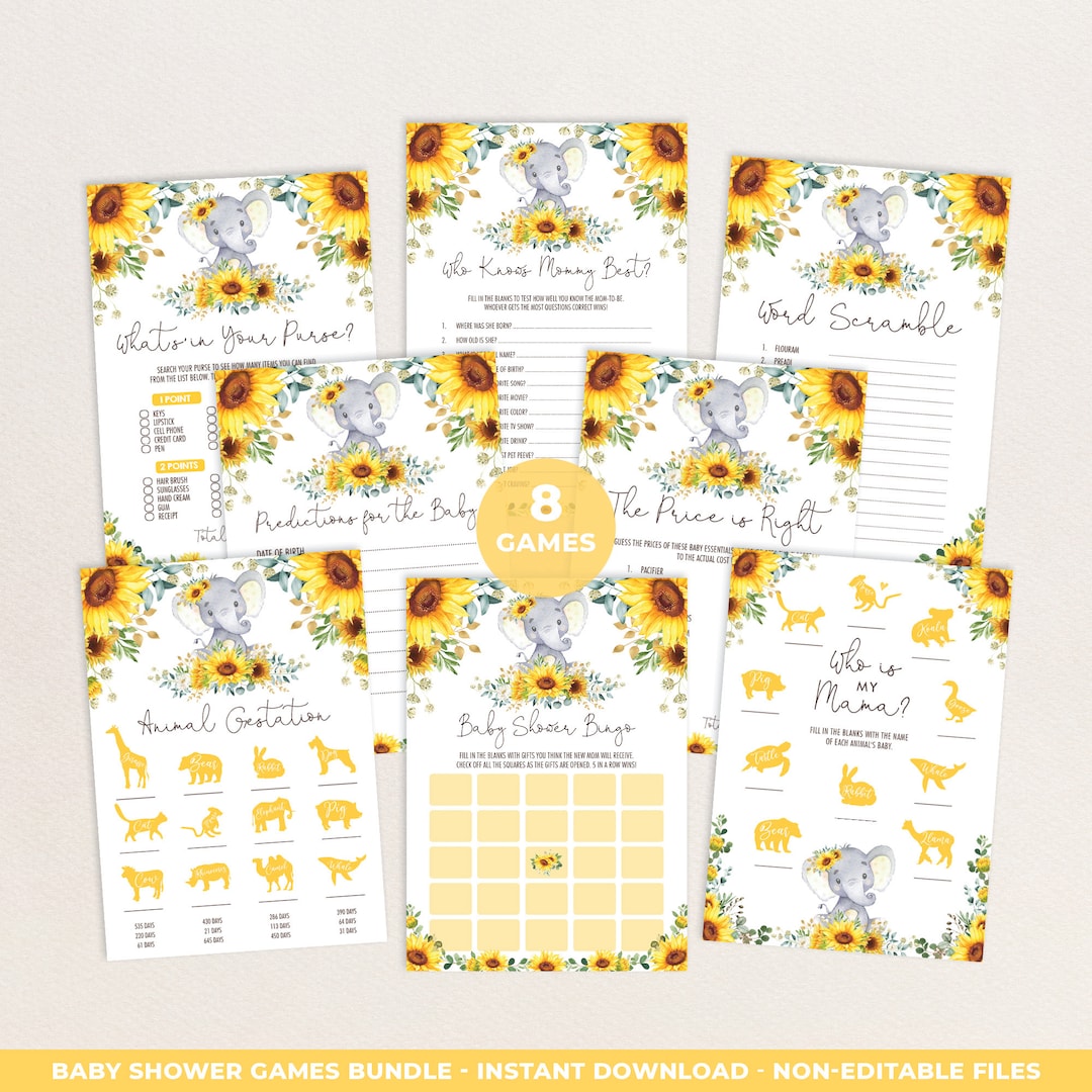 Baby Shower Games Bundle Sunflower Elephant Gender Neutral Summer ...