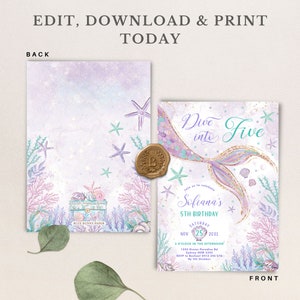 May include: A mermaid-themed birthday invitation with a watercolor design. The invitation features a mermaid tail, starfish, and coral in shades of purple, teal, and gold. The text reads "Dive into Five" and includes party details.