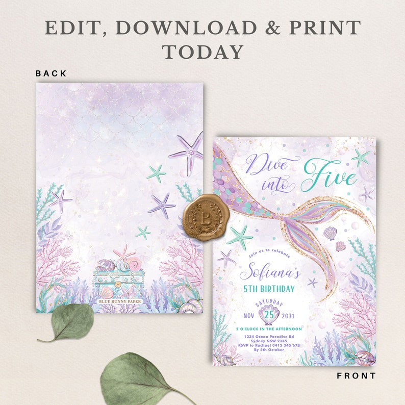 May include: A mermaid-themed birthday invitation with a watercolor design. The invitation features a mermaid tail, starfish, and coral in shades of purple, teal, and gold. The text reads "Dive into Five" and includes party details.