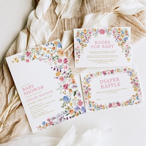 Wildflower babyshower uitnodigingsbundel kleurrijke lentebloemen nodigen boeken uit voor babymeisje luierloterij BEWERKBARE SJABLONEN Download FLO2