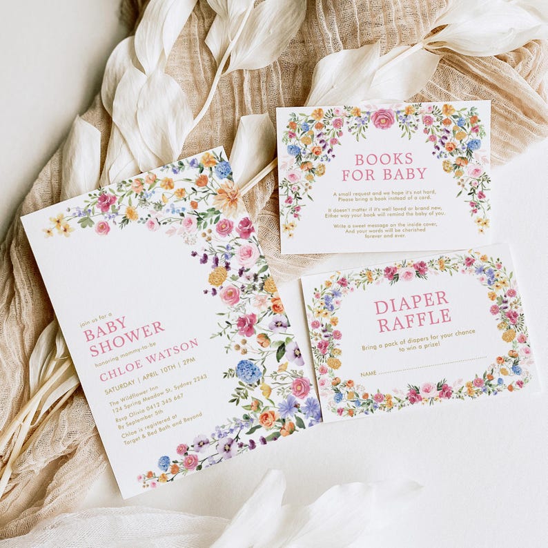 Spring wildflower baby shower invitation bundle