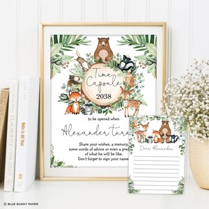 May include: A woodland-themed time capsule printable with a brown bear, fox, deer, raccoon, and owl. The text reads "Time Capsule 2038" and "to be opened when Alexander turns". The printable includes a separate card that says "Dear Alexander" with lines for writing messages.