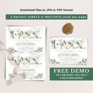 Puede incluir: Dos invitaciones imprimibles para una despedida de soltera con tem&aacute;tica oto&ntilde;al con un dise&ntilde;o floral de acuarela. Las invitaciones presentan el texto "Fall in love" y "Autumn Green" con la fecha y la hora del evento. Las invitaciones est&aacute;n disponibles en opciones de tarjeta &uacute;nica o varias tarjetas por p&aacute;gina.