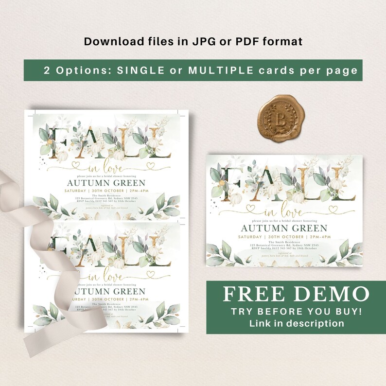 Puede incluir: Dos invitaciones imprimibles para una despedida de soltera con tem&aacute;tica oto&ntilde;al con un dise&ntilde;o floral de acuarela. Las invitaciones presentan el texto "Fall in love" y "Autumn Green" con la fecha y la hora del evento. Las invitaciones est&aacute;n disponibles en opciones de tarjeta &uacute;nica o varias tarjetas por p&aacute;gina.