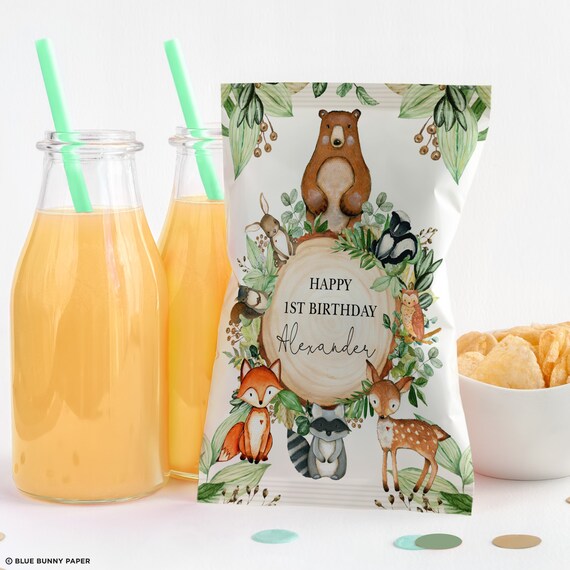 Editable Woodland Chip Bag, Forest Animals Birthday Party Favors, Rustic Greenery Leaves Baby Shower Printable INSTANT DOWNLOAD, WOOD24 Il_570xn