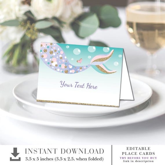 EDITABLE Mermaid Food Tent Labels. Under the Ocean Sea Birthday Party Decor. Purple Pink Mint Gold Place Cards. Mermaid Baby Shower. MER6 Il_570xn