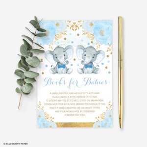 Jongen olifant Twin Baby douche boeken voor baby's kaart blauw goud bloemen Breng een boek afdrukbare Bowtie kleine mannen INSTANT DOWNLOAD. EL6