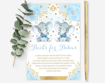 Boy Elephant Twin Baby Shower Books for Babies Card Blue Gold Floral Bring a Book Printable Bowtie Little Men INSTANT DOWNLOAD. EL6