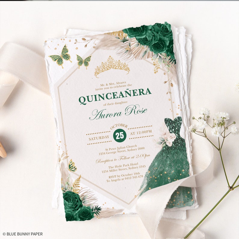 May include: Green and gold Quincea&ntilde;era invitation with a floral design and a crown. The invitation includes the text "Quincea&ntilde;era" and "Aurora Rose". The date is October 25th. The event will be held at St. Peter Julian Church and The Hyde Park Hotel.