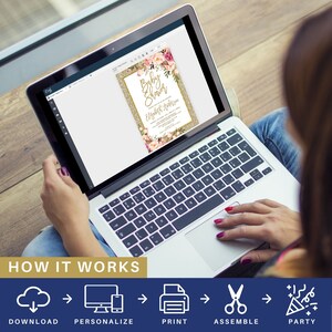 May include: A digital illustration of a baby shower invitation with pink and gold floral accents. The text on the invitation reads "Baby Shower" and "Elizabeth Johnson". The image shows a laptop screen with the invitation displayed on it. Below the laptop screen is a graphic showing the steps to create a personalized invitation: download, personalize, print, assemble, and party.