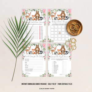 Op de afbeelding: Vier afdrukbare babyborrelspelkaarten met een bos-thema met roze bloemen en dieren, waaronder een beer, vos, hert en wasbeer. De spellen omvatten "Dierlijke draagtijdspel", "Babyborrelbingo", "Voorspellingen voor de baby" en "Raad de juiste prijs".