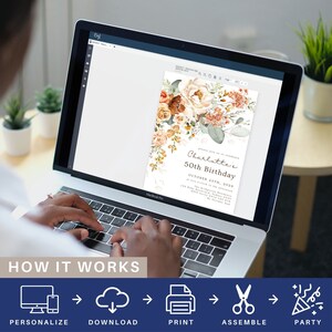 Person using the Corjl editor on a laptop to edit the birthday invitation.