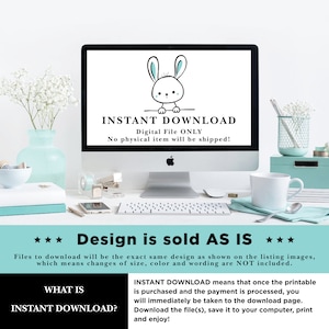 Może przedstawiać: Ekran komputera wyświetlający grafikę z pobraniem natychmiastowym z kreskowym kr&oacute;likiem. Tekst na ekranie brzmi "INSTANT DOWNLOAD Digital File ONLY No physical item will be shipped!"  Tekst pod ekranem brzmi "*** Design is sold AS IS *** Files to download will be the exact same design as shown on the listing images, which means changes of size, color and wording are NOT included. WHAT IS INSTANT DOWNLOAD? INSTANT DOWNLOAD means that once the printable is purchased and the payment is processed, you will immediately be taken to the download page. Download the file(s), save it to your computer, print and enjoy!"