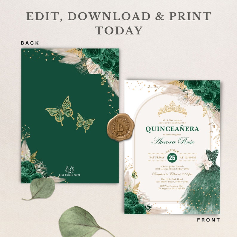 Emerald Green Quinceanera Invitation Template Mis Quince 15 Etsy