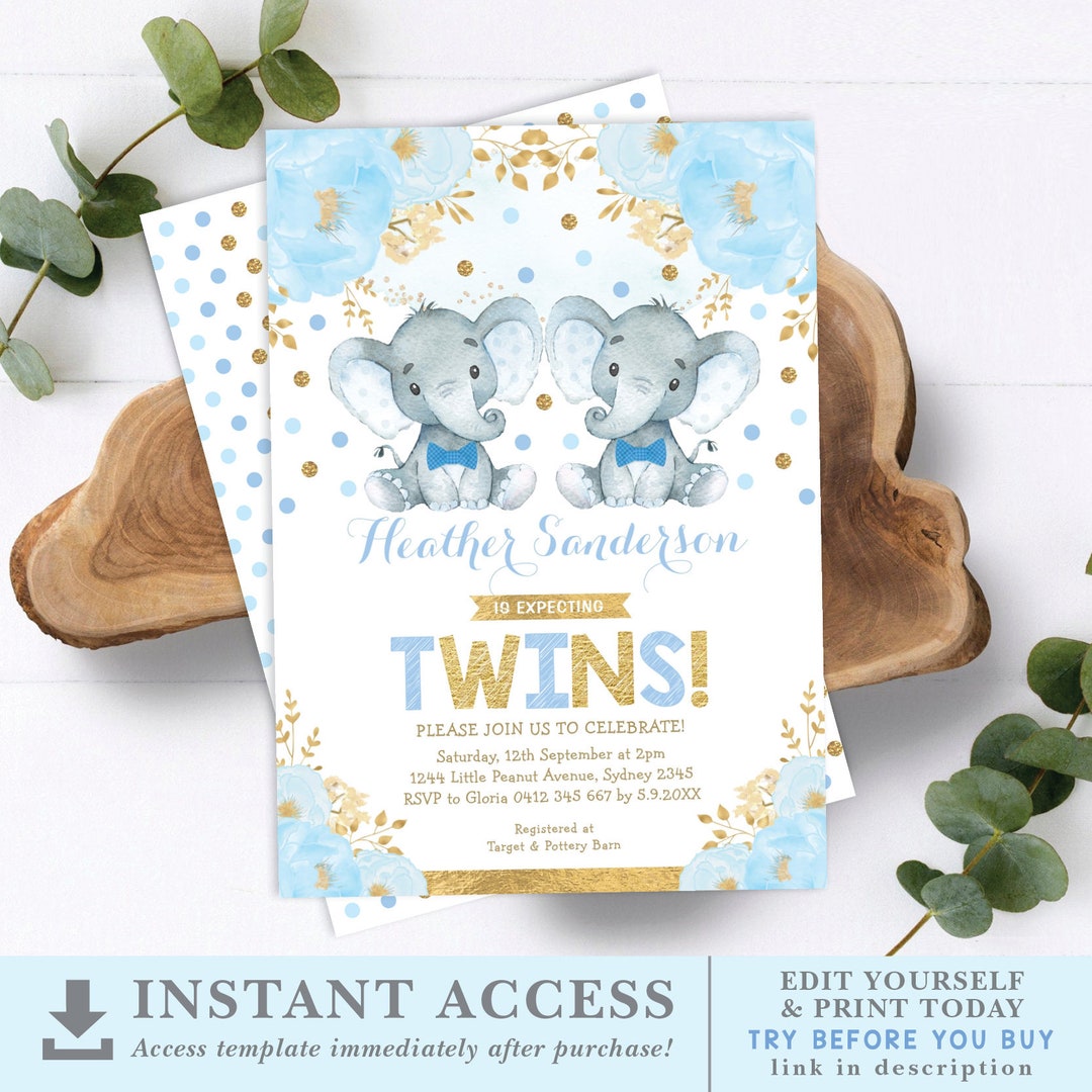 EDITABLE Twin Boys Elephant Baby Shower Invitation Template. Blue Gold