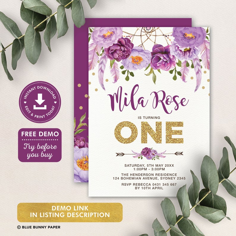 Boho Purple Floral Birthday Invitation. Lavender 1st Birthday Etsy