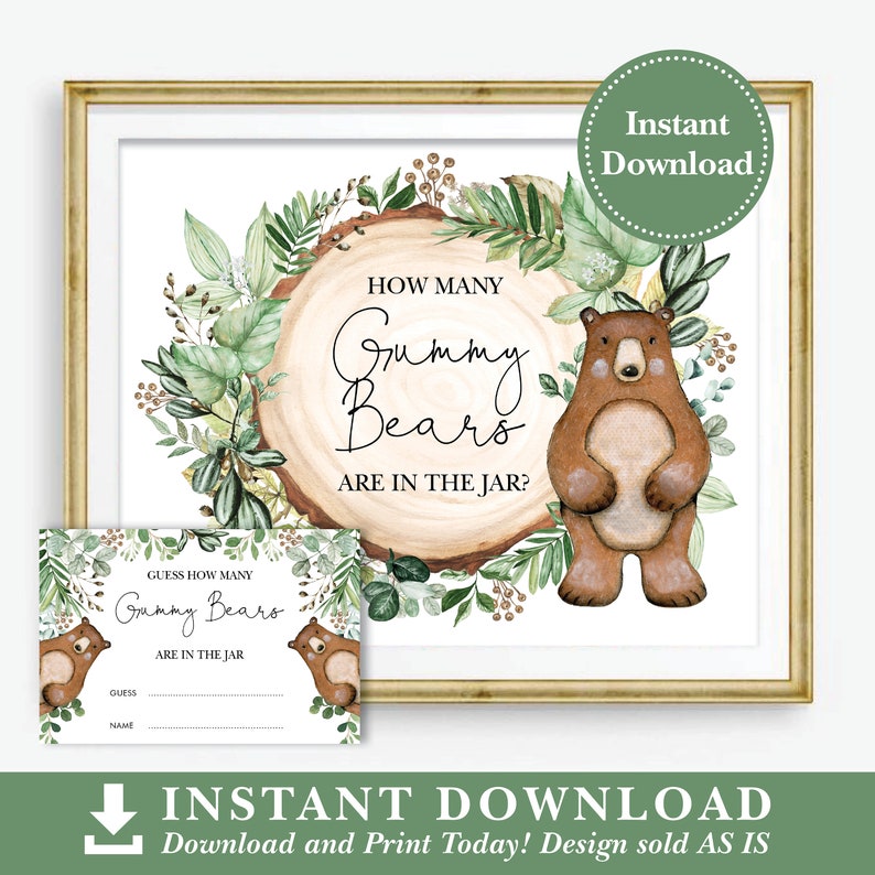 Gummy Bear Baby Shower Game. Rustic Greenery Woodland Bear Printable Sign. INSTANT DOWNLOAD. WOOD24 image 2