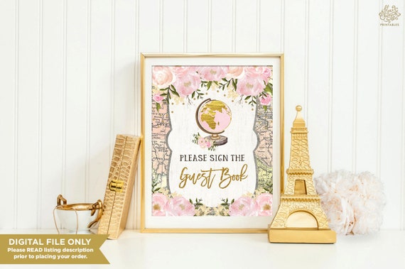 Vintage Travel Guest Book Sign. Pink Gold Blush Floral Adventure Baby Shower Decoration. Vintage Traveling World Map Table Decor. TRA1 Il_570xn