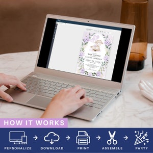 May include: A laptop computer displaying a baby shower invitation featuring a charming cartoon lamb holding balloons. The invitation is adorned with purple flowers and gold accents. The text on the invitation reads "Baby Shower Louisa Andersen September 25". The image also shows a how-it-works graphic with icons for personalise, download, print, assemble, and party.
