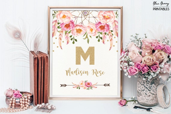 Boho Monograma Vivero Arte Decoracion De La Pared De Flores Etsy