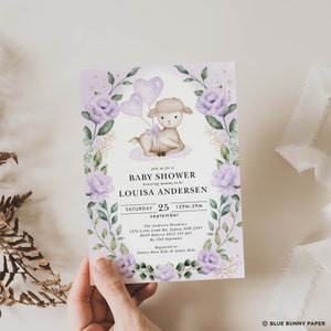 May include: A baby shower invitation with a purple and green floral design. The invitation features a cute cartoon lamb holding balloons. The text on the invitation reads "Join us for a Baby Shower honouring mummy-to-be Louisa Andersen, Saturday, September 25, 12PM-2PM".
