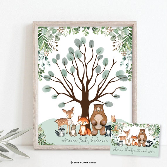 EDITABLE Woodland Thumbprint Guestbook. Greenery Forest Fingerprint Tree Printable. Cute Animals Welcome Baby Sign. INSTANT DOWNLOAD. WOOD24 Il_570xn