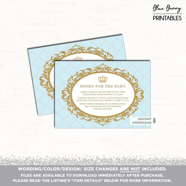Cartão para impressão de PEDIDO DE LIVRO Azul Bebê e Dourado. Traga um convite para cartão de livro. Chá de bebê do bebê Príncipe. Coroa Real com Brilho Dourado. BG2 imagem 1