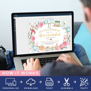 May include: A digital invitation for a birthday party with a whimsical Alice in Wonderland theme. The invitation features a watercolor illustration of Alice, the Mad Hatter, the White Rabbit, and other characters from the story. The text on the invitation reads "Don't be late for an important date... please join us in Alicia's Wonderland to celebrate her 3rd birthday".