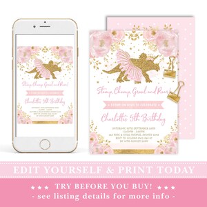 May include: Pink and gold printable invitation for a 5th birthday party. The invitation features a gold glitter dinosaur wearing a pink tutu and a crown. The text on the invitation reads "Stomp, Chomp, Growl and Roar!" and "Charlotte's 5th Birthday".