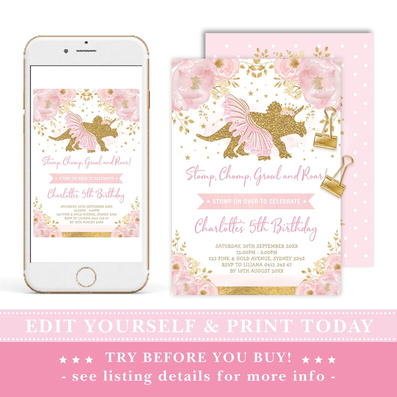 May include: Pink and gold printable invitation for a 5th birthday party. The invitation features a gold glitter dinosaur wearing a pink tutu and a crown. The text on the invitation reads "Stomp, Chomp, Growl and Roar!" and "Charlotte's 5th Birthday".