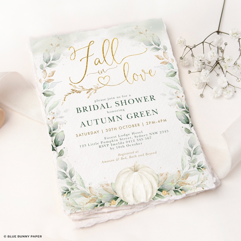 Greenery Pumpkin Bridal Shower Invitation, Fall in Love Wedding Shower Invite, Autumn Botanical Leafy Wreath Editable Template Download PUM4 image 1