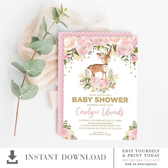 Girl Baby Shower Invitation Deer Baby Shower Editable Invitation Template Printable Baby Shower Invitation Blush Floral Woodland