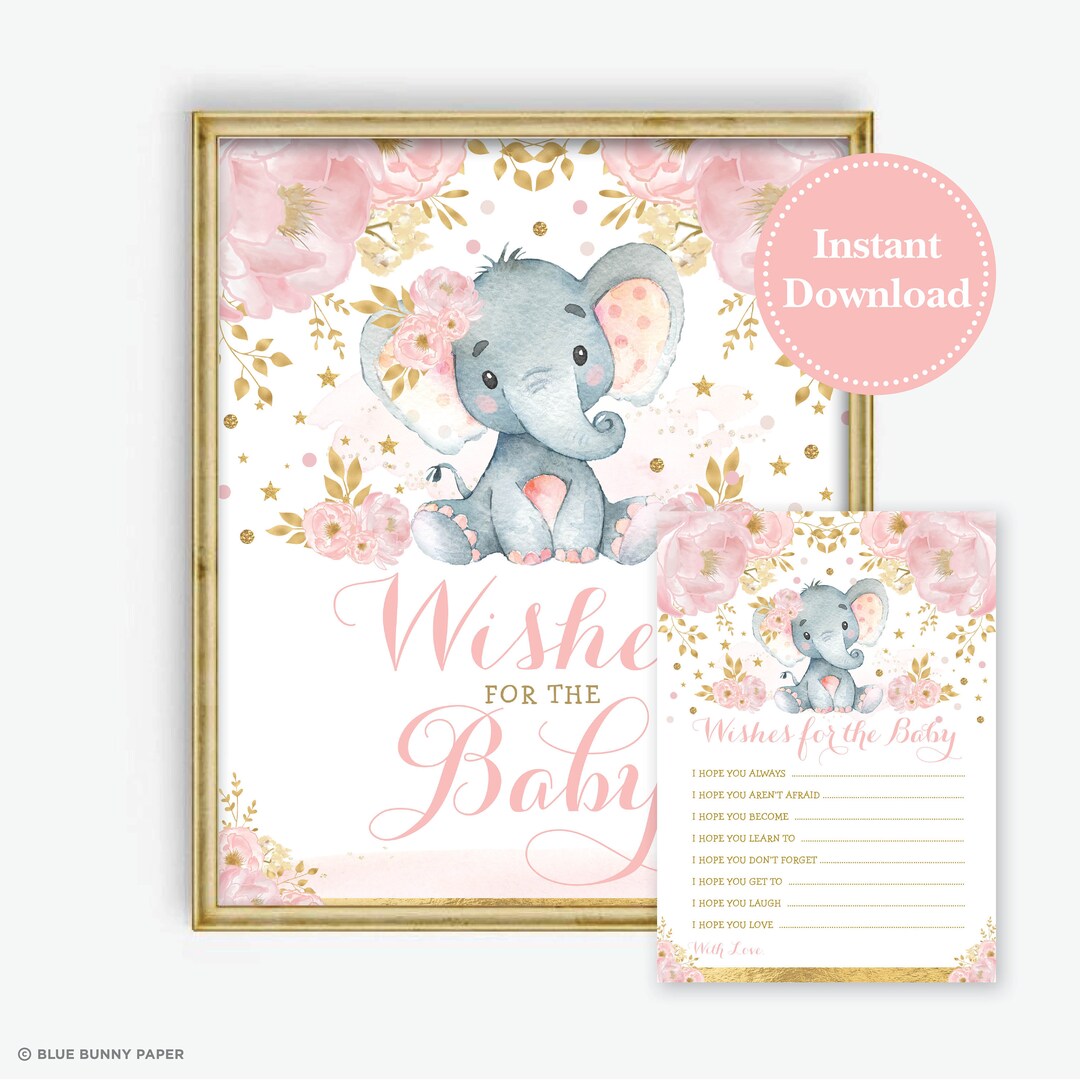 Wishes for Baby. Girl Elephant Baby Shower. Blush Gold Well Wishes Card ...