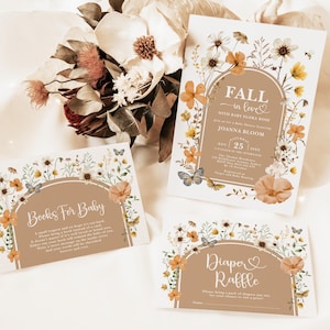 Herbst-Wildblumen-Babyparty-Einladungs-Bündel, verlieben verlieben einladen Paket, Boho Herbst-Blumengarten-Windelverlosung bearbeitbare Vorlagen FLO32