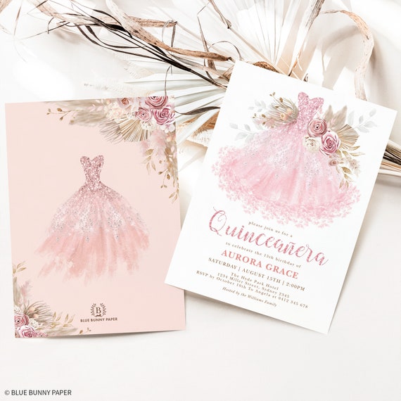 rose gold sparkle dress quinceanera invitation Quinceañera Editable Template Pink Glitter 15th Birthday Sweet 16 quince Printable Invite Digital Download FLO15 pink quinceanera clipart