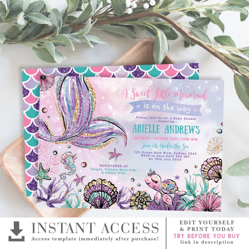 Girly Mermaid Baby Shower Invitation Template. EDITABLE Under - Etsy