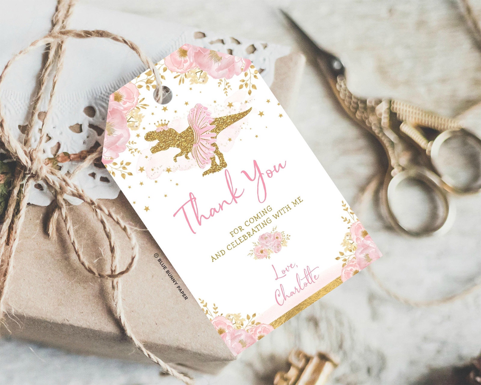 Girl Dinosaur Birthday Favor Tags. Pink Gold T Rex Tutu Tiara Thank You Tags. Princess Dinosaur Baby Girl Shower EDITABLE TEMPLATE. DIN4