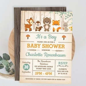 Woodland Baby Shower Invitation Template, Forest Animals Digital Download, WOOD1 image 1