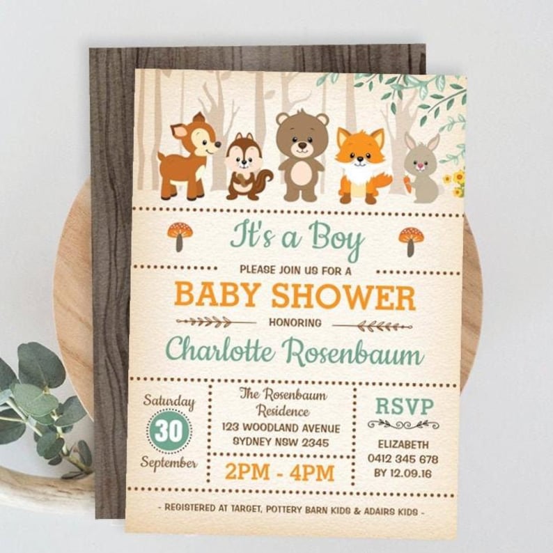 Woodland Baby Shower Invitation Template, Forest Animals Digital Download, WOOD1 image 1
