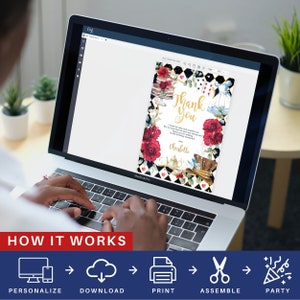 May include: A computer screen displaying a printable thank you card with an Alice in Wonderland theme. The card features a red, white, and black checkered background with illustrations of playing cards, a teapot, a Mad Hatter's hat, and a red rose. The text on the card reads "Thank You".