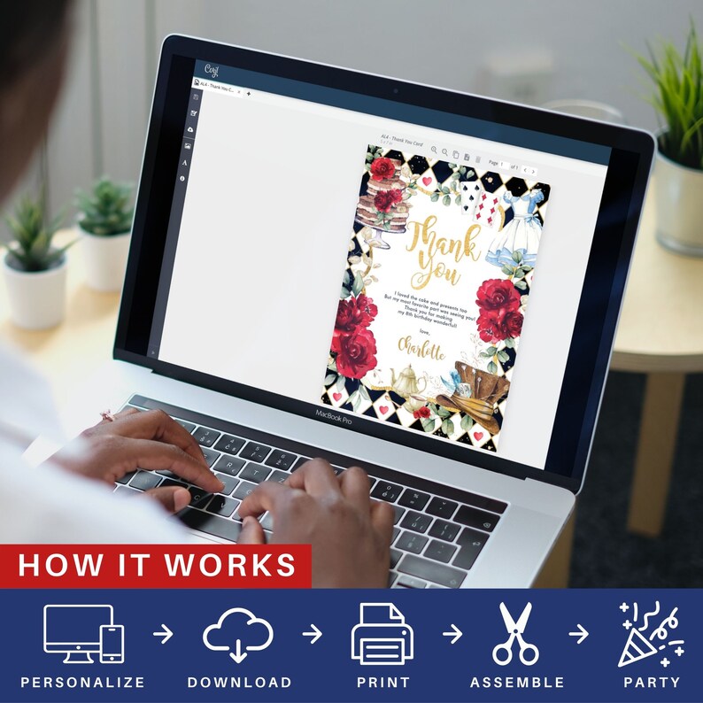 May include: A computer screen displaying a printable thank you card with an Alice in Wonderland theme. The card features a red, white, and black checkered background with illustrations of playing cards, a teapot, a Mad Hatter's hat, and a red rose. The text on the card reads "Thank You".