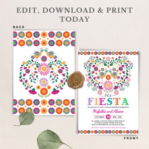 K&ouml;nnte beinhalten: Eine farbenfrohe Einladung zu einer Paar-Dusche mit mexikanischem Fiesta-Thema. Die Einladung zeigt ein herzf&ouml;rmiges Design mit V&ouml;geln, Blumen und einem dekorativen Rand. Der Text lautet "Let's Fiesta" und enth&auml;lt die Namen "Mafalda und Alvaro", das Datum "30. Oktober", die Uhrzeit "14:00-16:00 Uhr", den Ort "El Camino Cantina Mexican Restaurant", die Adresse "125 Fiesta Parade, Sydney NSW 2000" und die RSVP-Informationen.