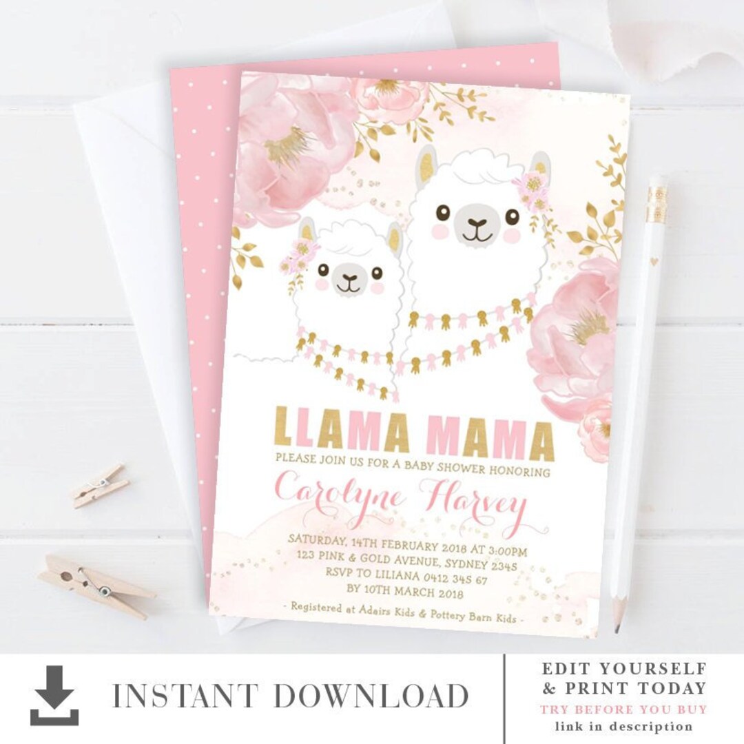 EDITABLE TEMPLATE Llama Baby Shower Invitation. Fiesta Pink Gold Llama ...