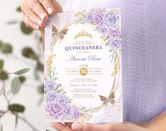 Lilac Gold Quinceanera Invitation Template Purple Lavender Floral Mis Quince 15 Anos Editable Birthday Invite Tiara Crown Butterflies FLO21